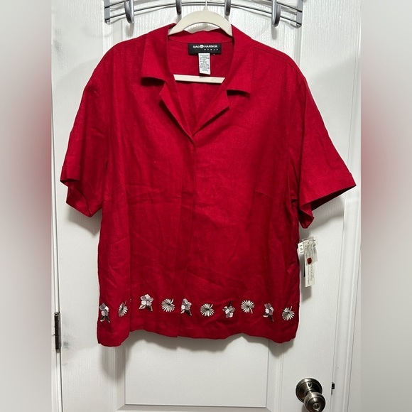 Sag Harbor red linen blend top Women’s Plus Size 1X Red Embroidered Floral NWT - Picture 1 of 15
